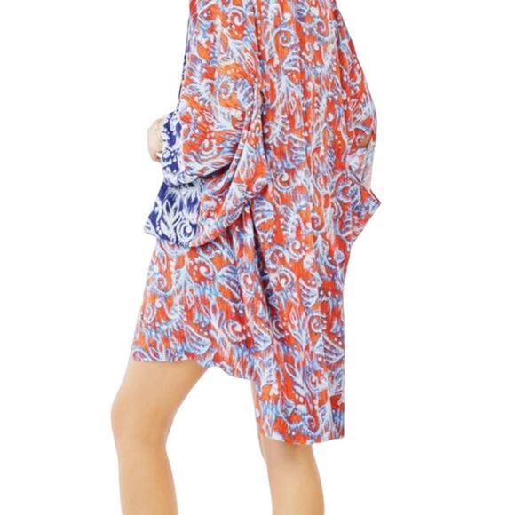 BCBGMaxazria | Tildie XS/S Blue Orange Ikat Print Oversized Open Kimono Cardigan - Picture 2 of 12